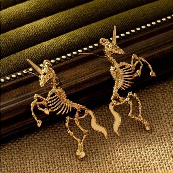 Gothic Skeleton Unicorn Earrings, Gold Tone, Dangling, Engraved detailing NWT - Picture 1 of 3